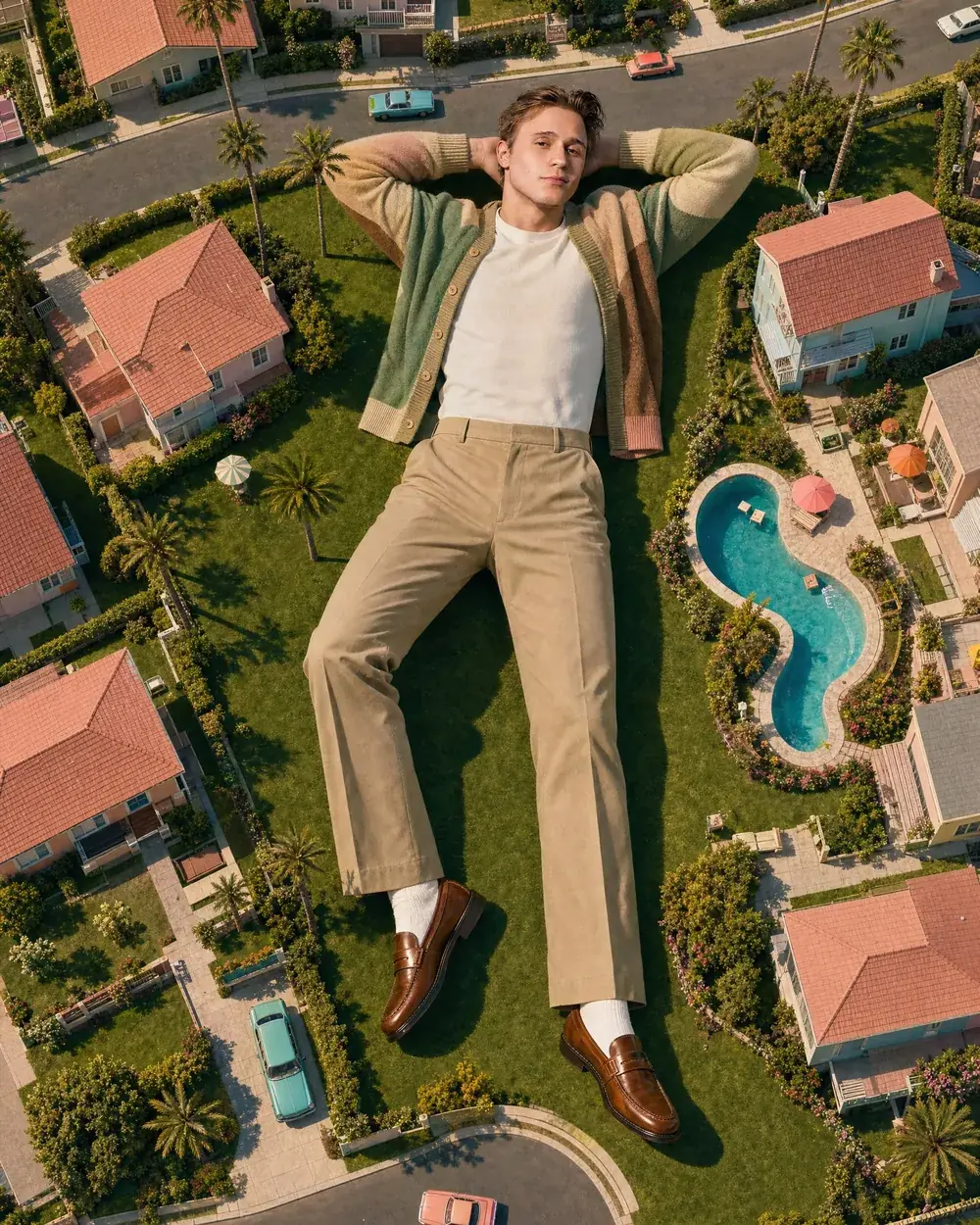 Slava Ploshkin lying across a neighborhood of California homes