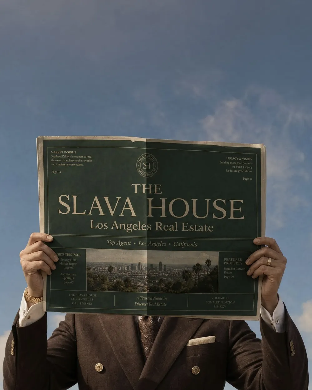 Slava holding up a newspaper with The Slava House on the front page