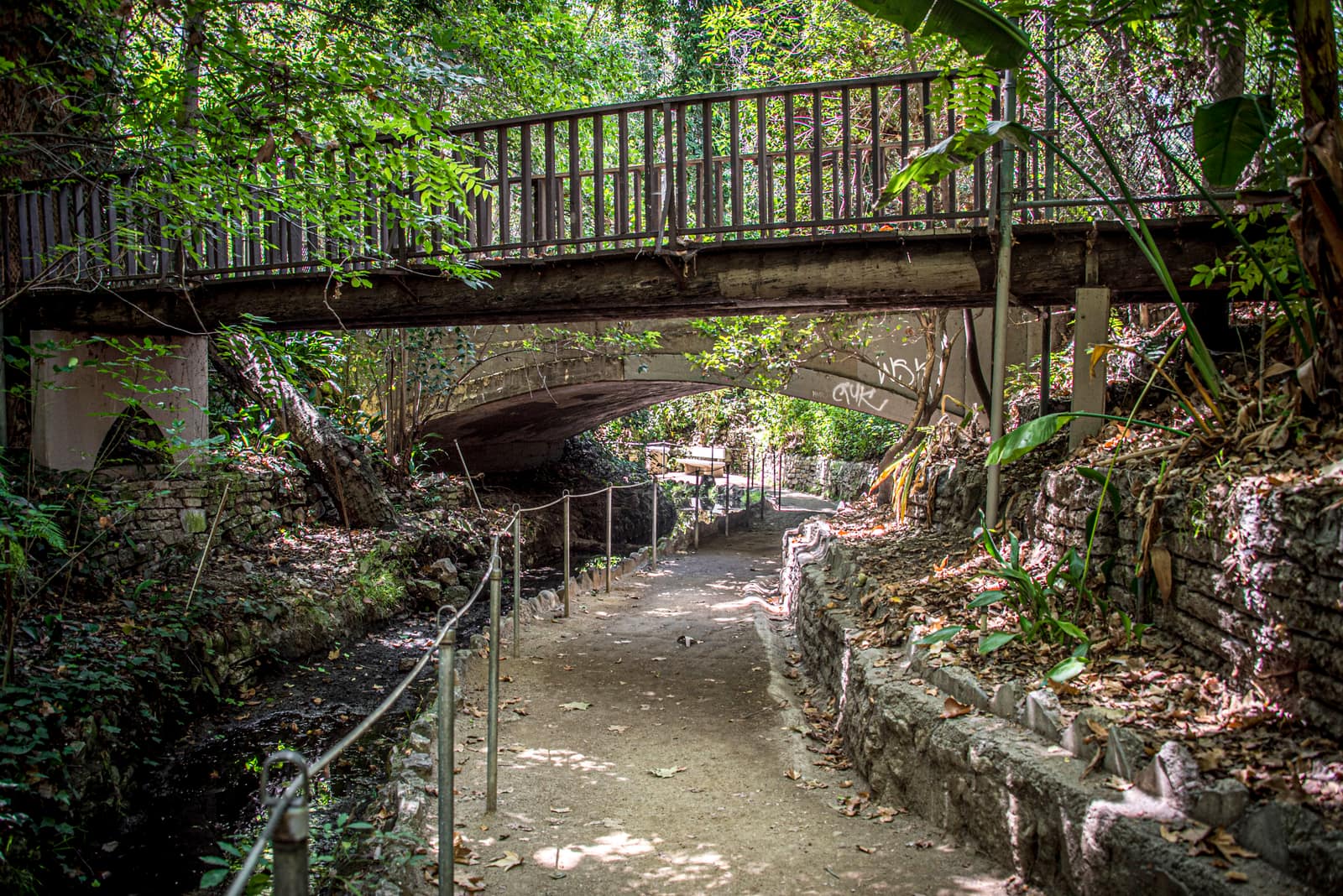A footbridge over the shaded stream path in Fern Dell, Griffith Park