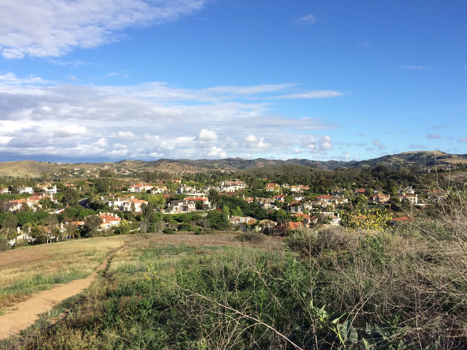 A dirt path runs through grass and scrub toward tile-roofed homes among trees, with green hills and white clouds behind