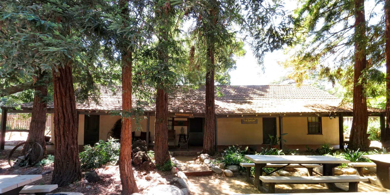 Long single story adobe house with a tile roof and shaded porch behind tall redwood trunks, picnic tables on the gravel in front