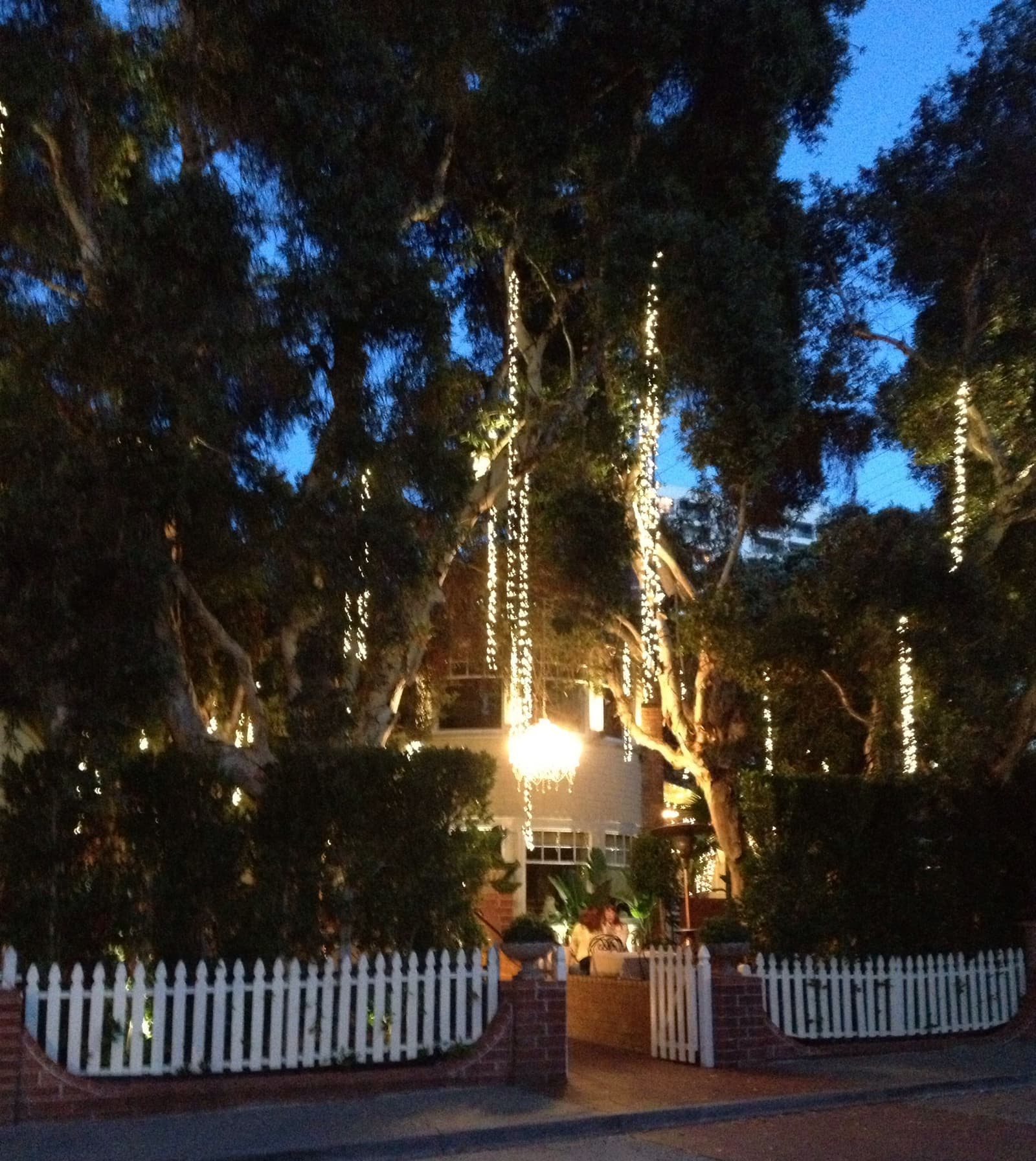 Big trees wrapped in white string lights with a glowing chandelier, above a white picket fence and brick gateposts at dusk