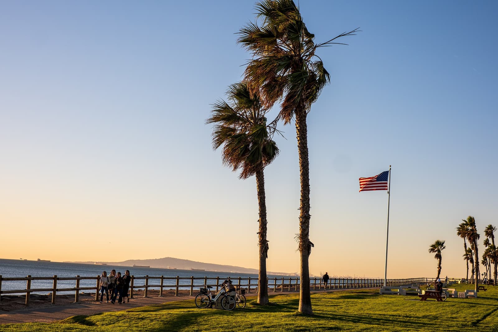 Tall palm trees and an American flag over a grassy bluff-top park at sunset, people walking along a wooden fence above the sea