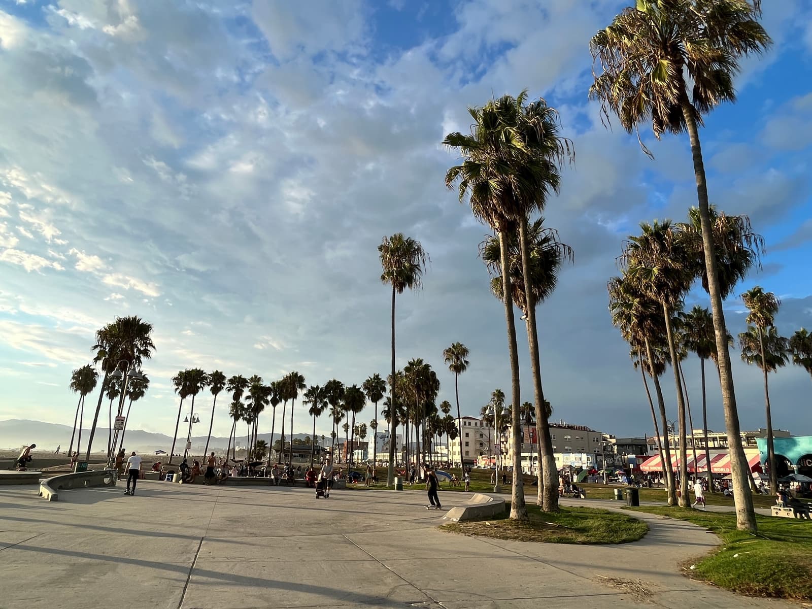 Tall palm trees over a curving concrete plaza with skateboarders, under a partly cloudy sky, with shops and hotels behind