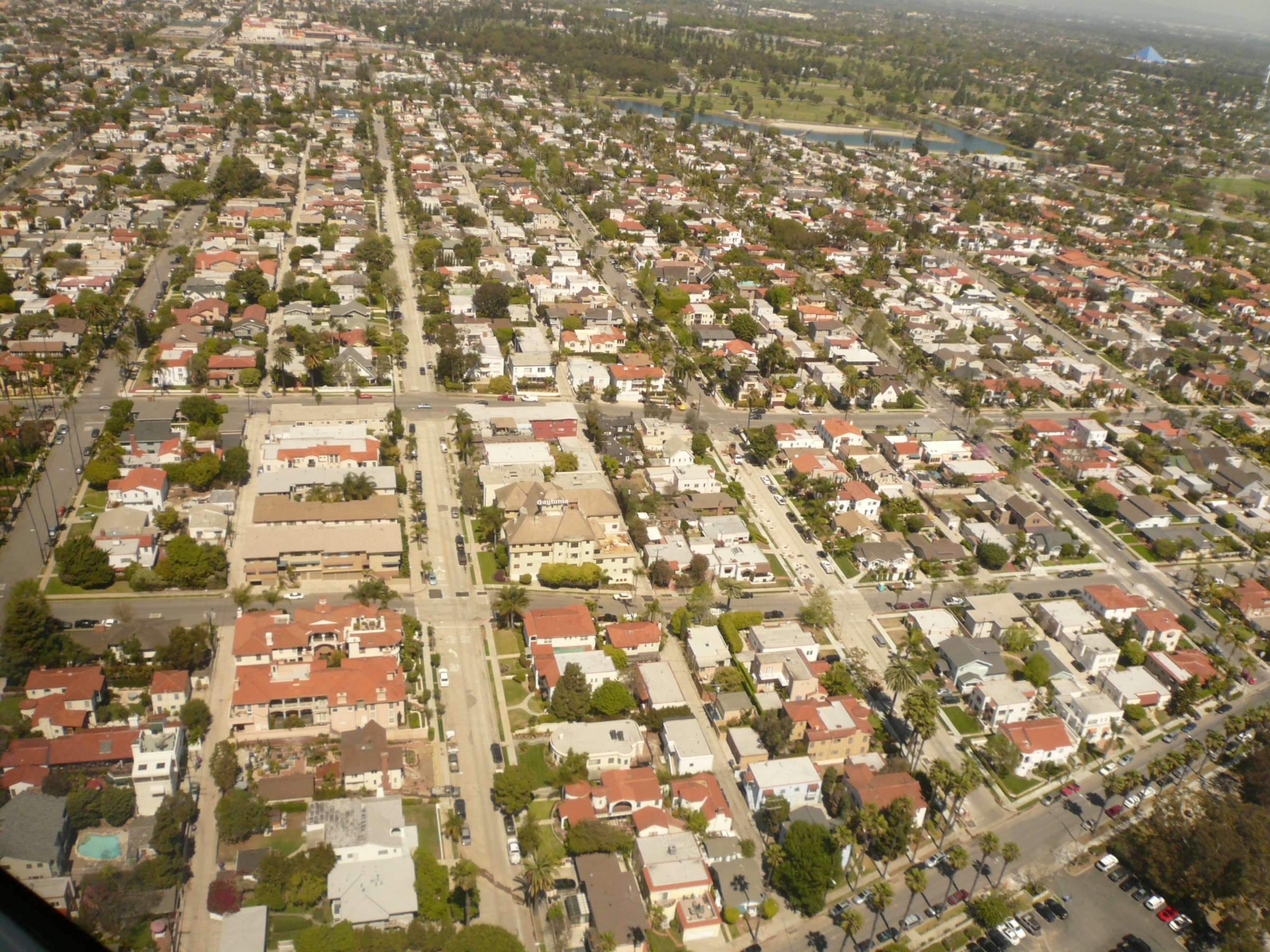 Aerial view of the Belmont Heights neighborhood grid and Colorado Lagoon in Long Beach, California