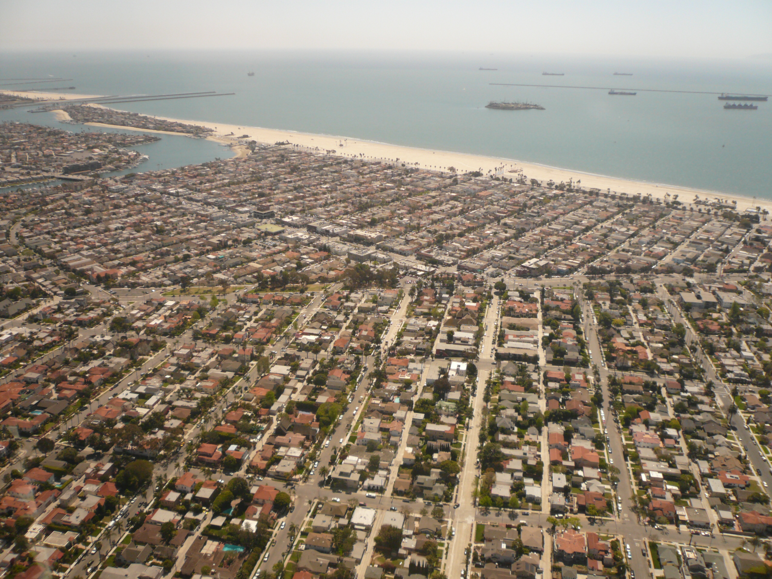 Aerial view of Belmont Shore and Alamitos Bay, Long Beach, California
