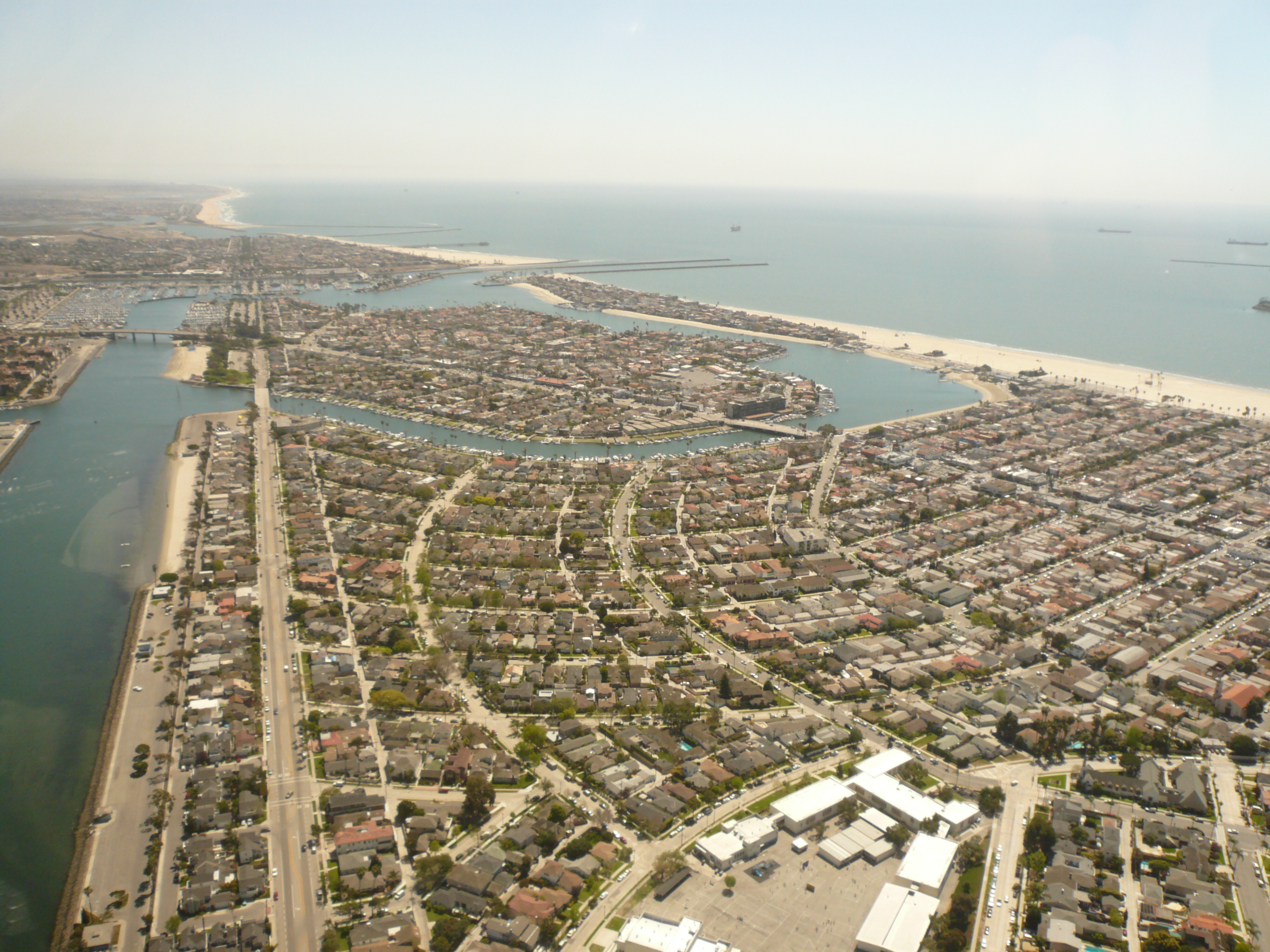 Aerial view of Naples Island and the Alamitos Bay canals in Long Beach, California
