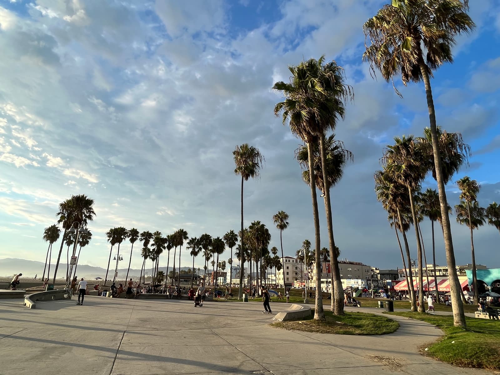 Tall palm trees over a curving concrete plaza with skateboarders, under a partly cloudy sky, with shops and hotels behind